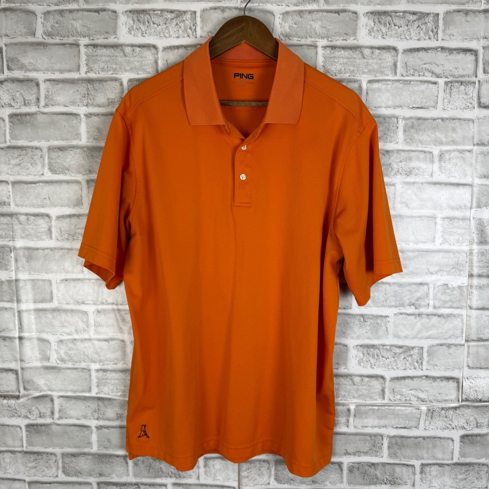 Ping Golf Polo Shirt Mens Large Orange Performance Short Sleeve Mr PING Logo